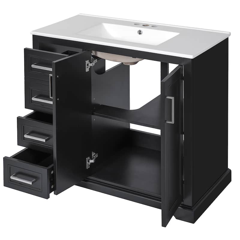 GDFStudio - Solie Wood & Ceramic 36" Bathroom Vanity with Sink, Soft-Close Door, Shelf & 3 Drawers