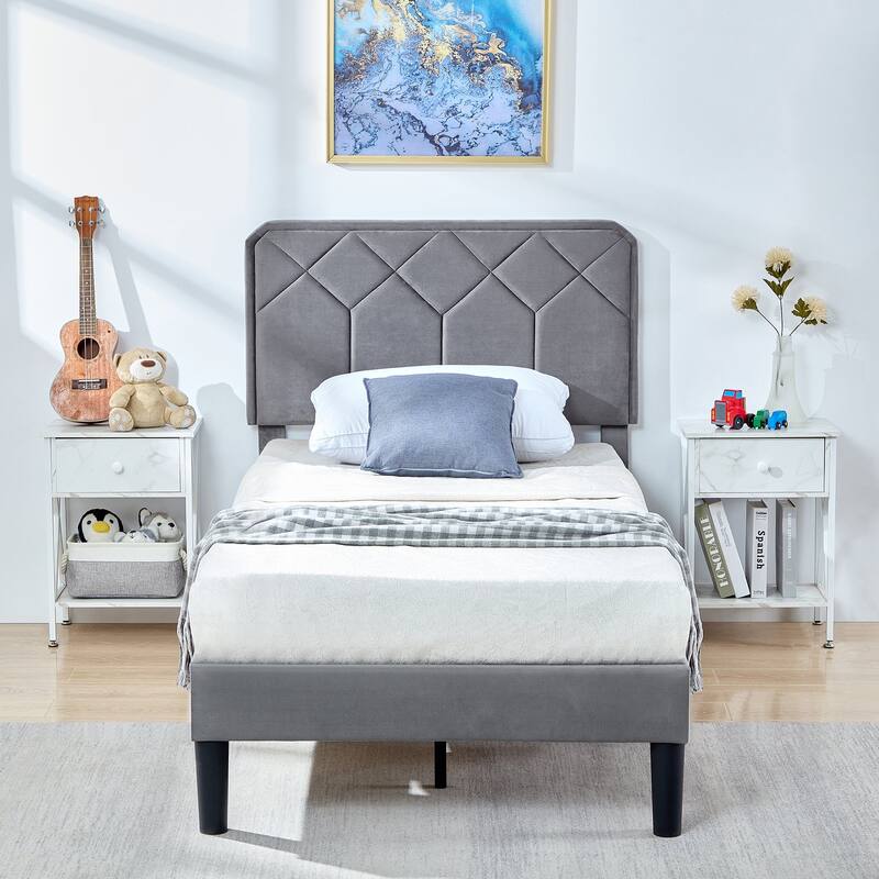 Upholstered Platform Bed Frame with Modern Adjustable Headboard, No Box Spring Needed - Dark Grey - Twin