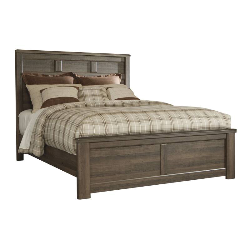 Joi Queen Size Bed, Plank Panel Design, Aged Oak Brown Rough Sawn