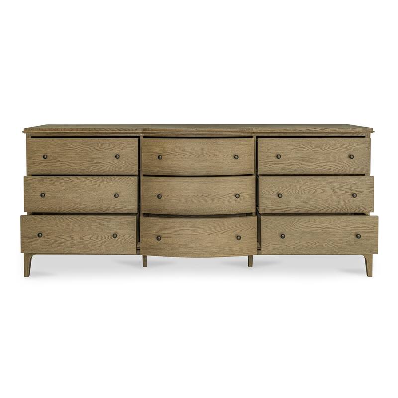 NADAAL STUDIOS Maerin Dresser, Nine Drawer Oak Form with Rounded Overhang and Curved Center Detail, Brown