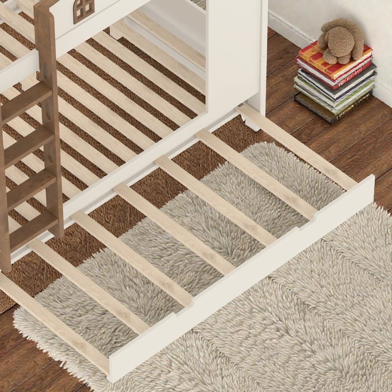 Solid Wood Bunk Bed with Trundle and Storage Shelves, Full Over Full/Queen Over Queen Bunk Bed with Hooks