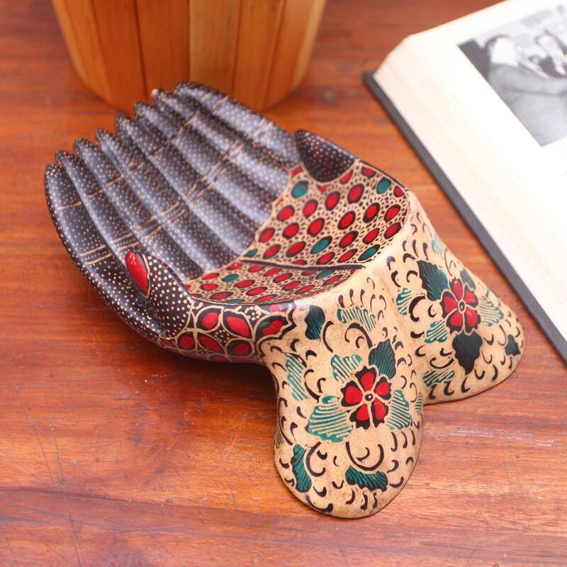 Novica Handmade Giving Hands Batik Wood Catchall - 2.4" H x 7.75" W x 5" D