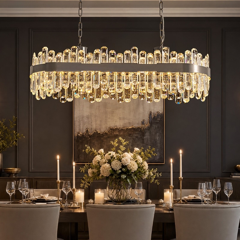 SILJOY 40 in. Modern Crystal Chandelier Graphite Black Rectangular LED Crystal Dining Room Chandelier for Dining Room