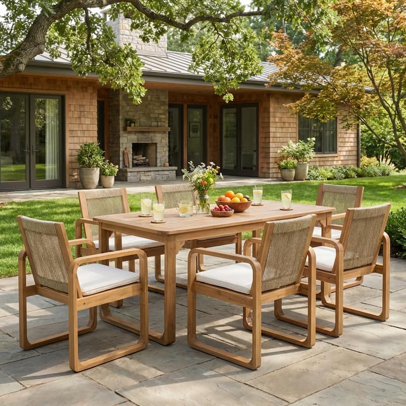 Christopher Knight Home - Ronan Outdoor Acacia Wood Dining Set with Rope Back Chairs & Curved Leg Dining Table, Teak Finish - 7-Piece Set + Beige Cushion