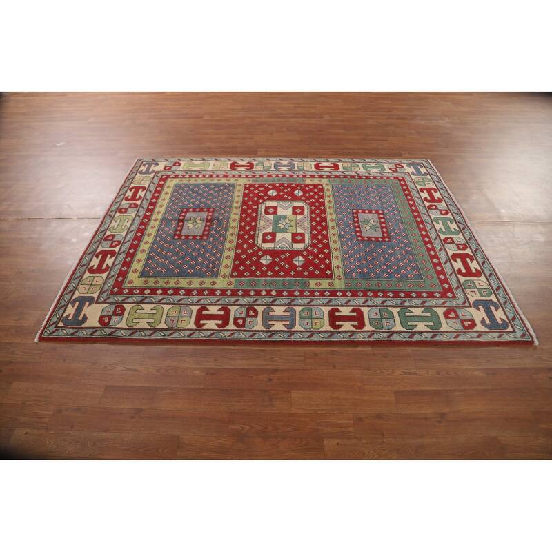 Geometric Kazak Area Rug Hand-Knotted Wool Carpet - 5'0" x 6'5"