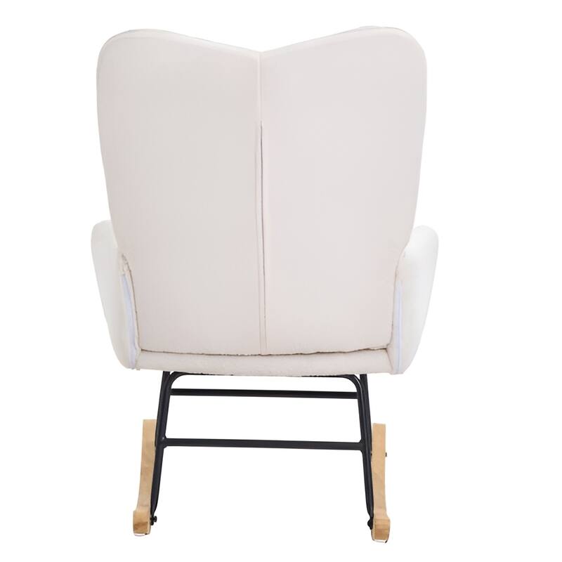 Ivory White Teddy Velvet Nursery Rocking Chair Ergonomic High-Back Glider with Rubberwood Base - 37.4 x 28.2 x 38.2in