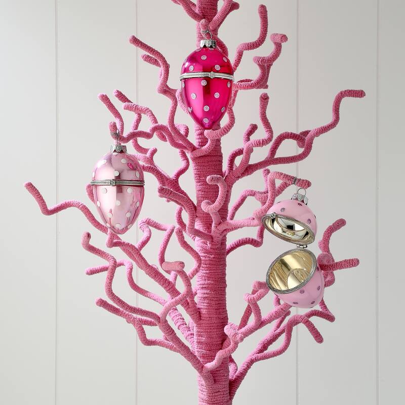 4"Glass Faberge Polka Dot Egg Ornament Box of 3 - Pink