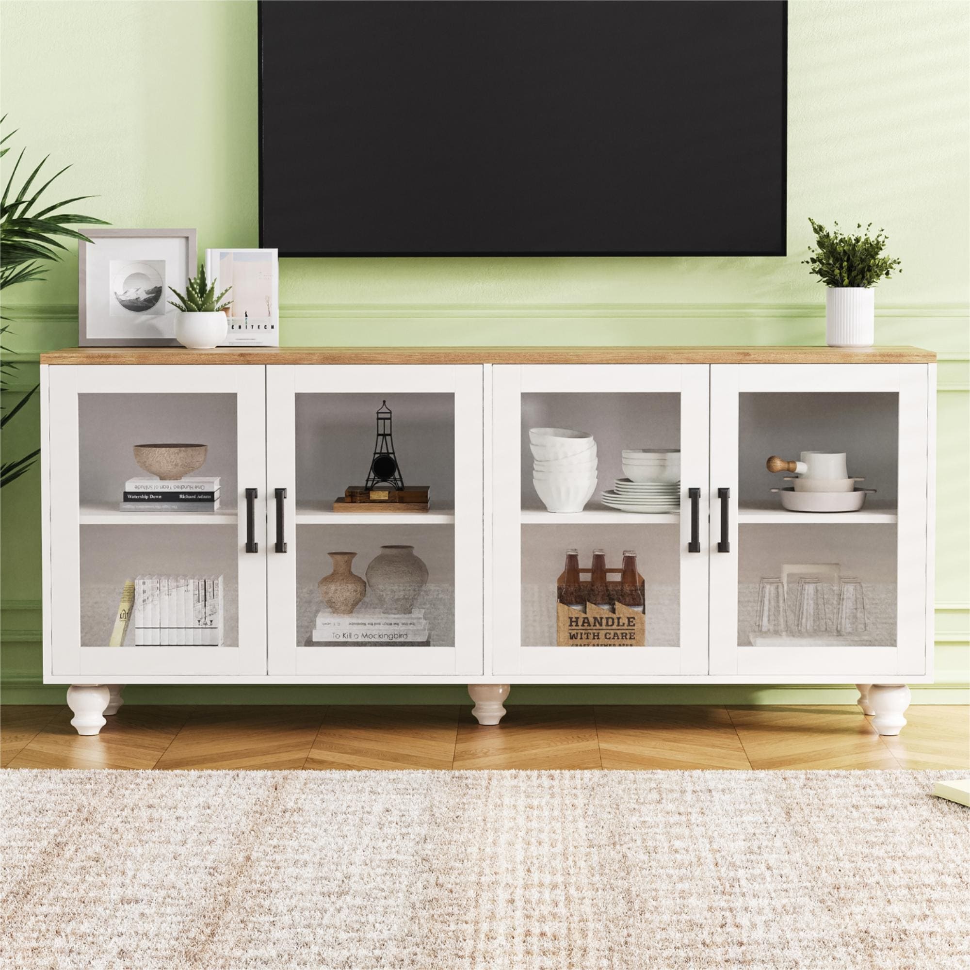 TV Stand with Tempered Glass Doors, Buffet Sideboard with Adjustable Shelves, Entertainment Center with Solid Wood Legs