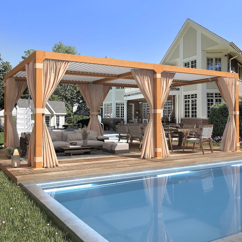EROMMY Outdoor Louvered Pergola Gazebo with Adjustable Aluminum Rainproof Roof and Pull-Down Screen