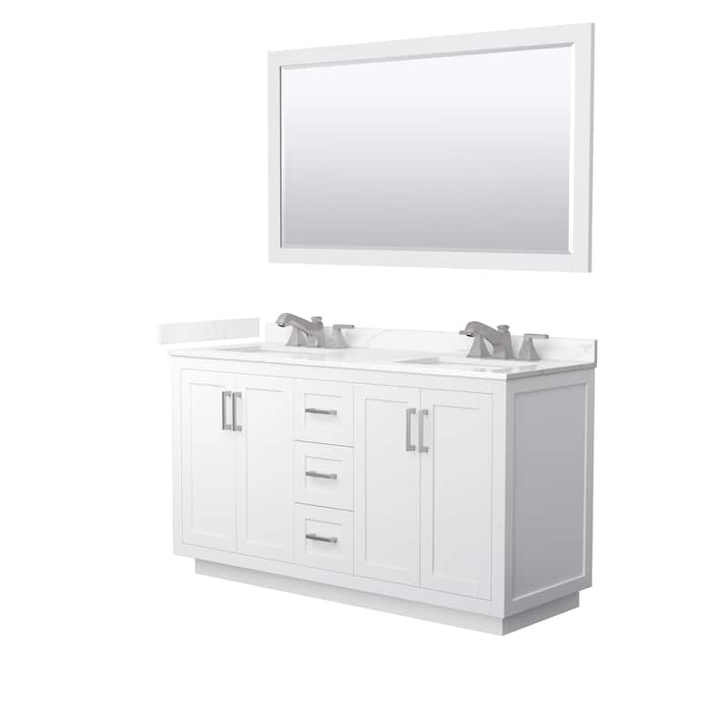 Miranda 60-inch Double Vanity, Quartz Top, 58-inch Mirror - White, Nickel Trim, Giotto Quartz Top