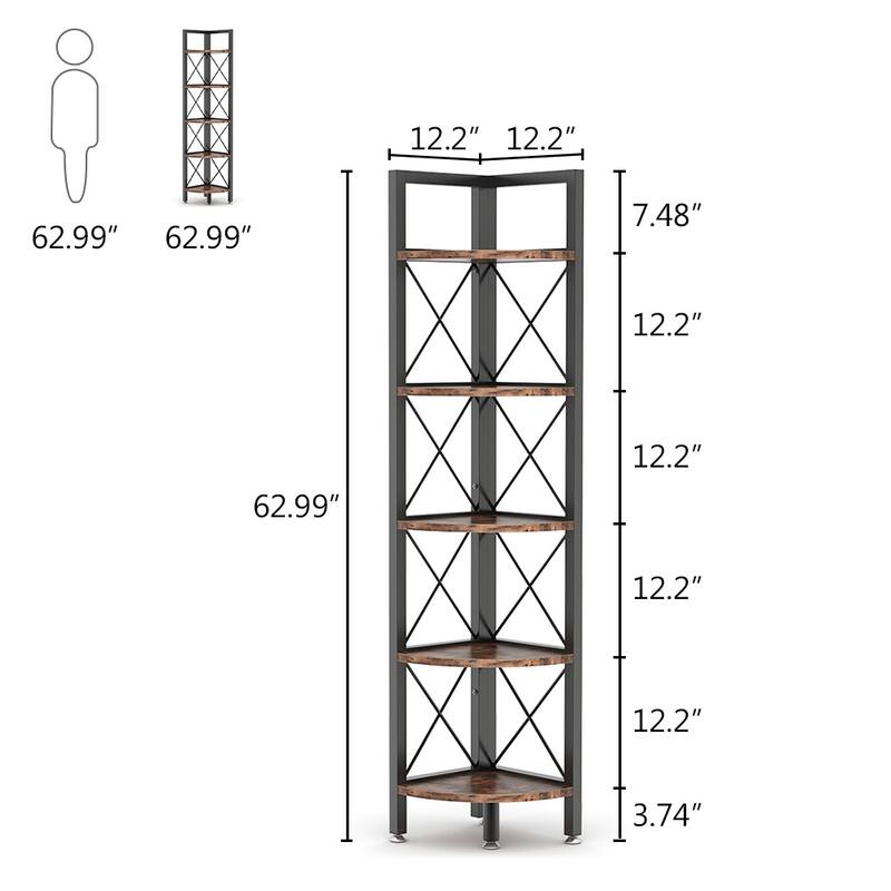 5 Tier Corner Shelves, Rustic Corner Bookshelf Small Bookcase Plant Stand for Living Room