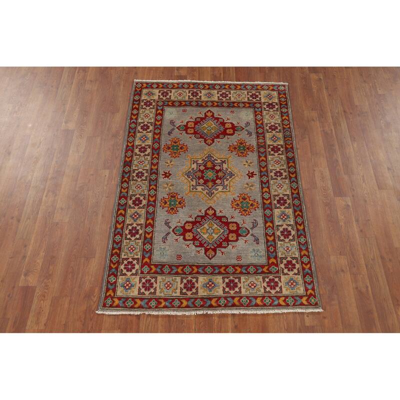 Kazak Oriental Foyer Rug Handmade Grey Wool Carpet - 3'4" x 5'1"