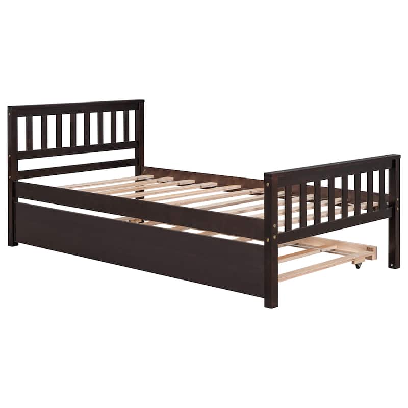 Twin Bed with Trundle, Platform Bed Frame with Headboard and Footboard for Bedroom Small Living Space, No Box Spring Needed