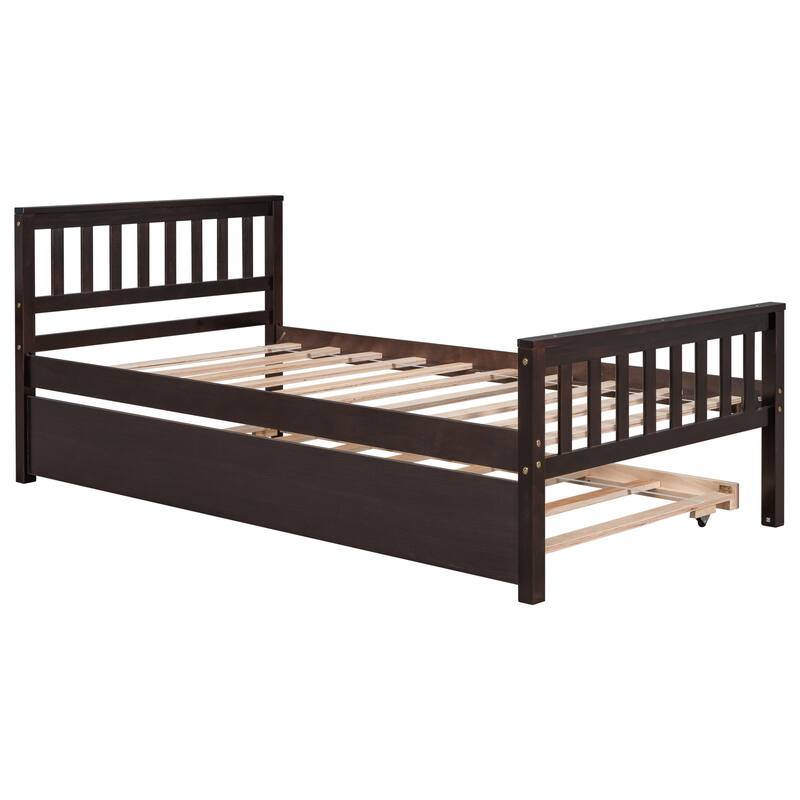 Twin Size Platform Bed Frame with Trundle Bed, Headboard and Footboard, Wooden Slat Support
