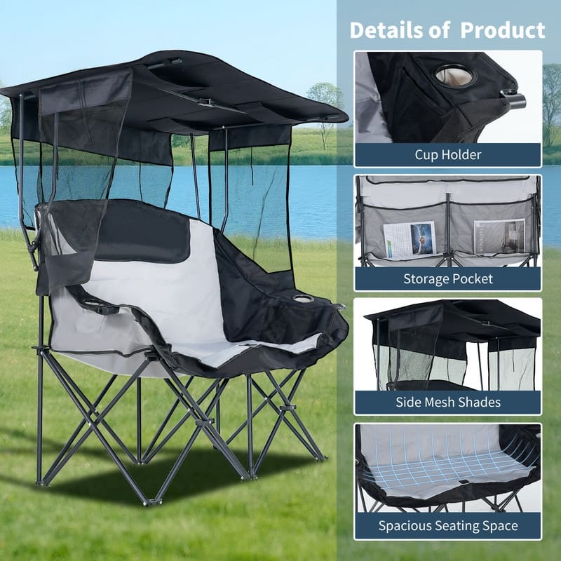 Double Beach Chair with Canopy Shade, Cup Holder and Side Pocket