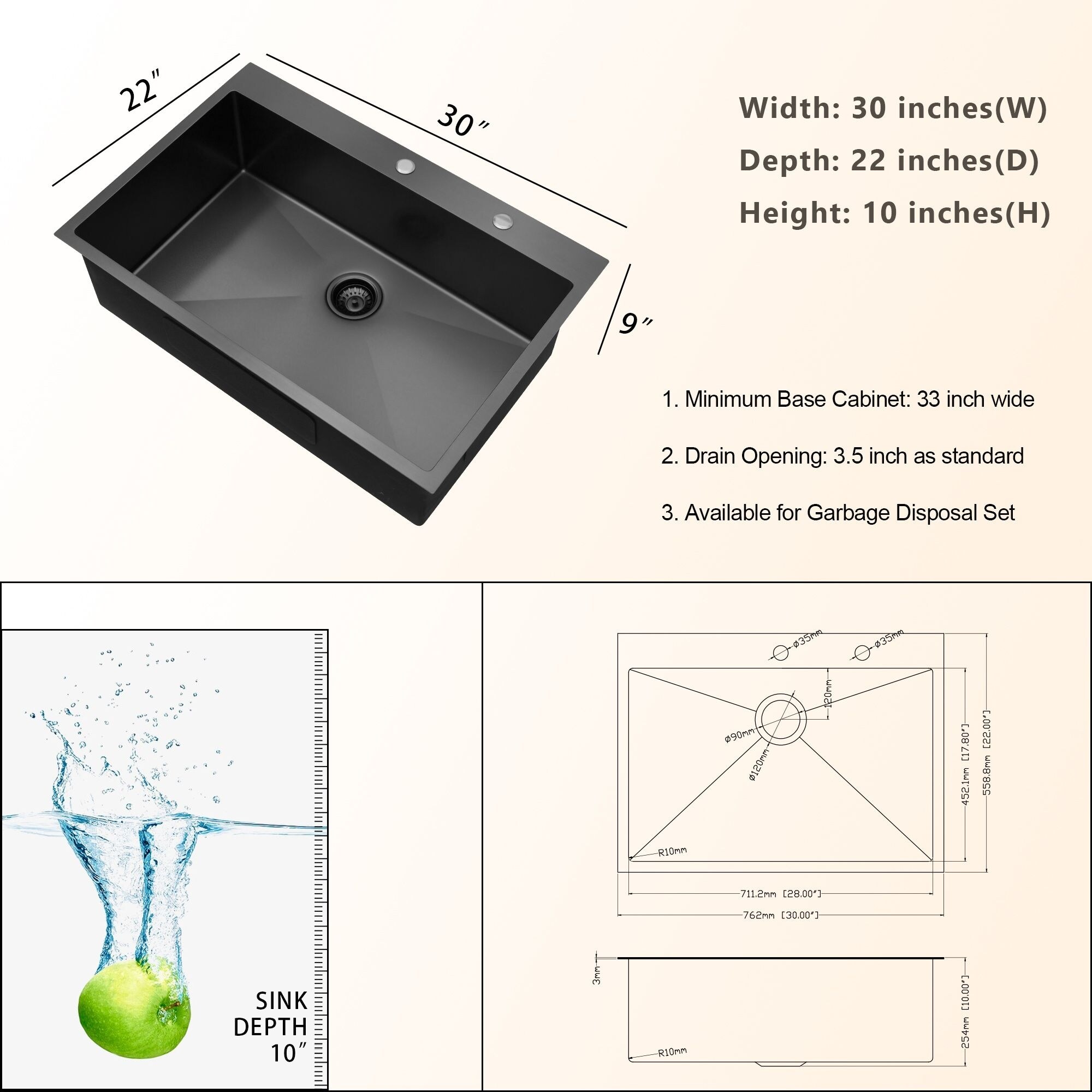 Kitchen Fixtures Lordear 30x22 Inch Kitchen Sink Drop In Gunmetal Matte Black 16 Gauge Stainless Steel Single Bowl Topmount Kitchen Sink Basin Kitchen Bar Sinks