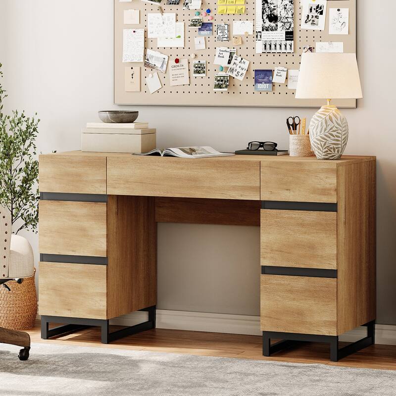 WAMPAT 59in Modern Executive Desk with Charging Station & Drawers and 2 PCS 72in Tall Bookcases with Storage Cabinet.