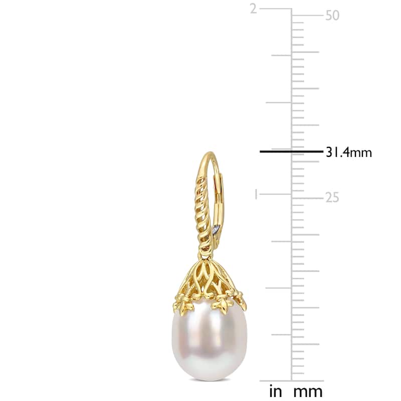 Miadora White South Sea Cultured Pearl Leverback Earrings in 14k Yellow Gold (9-10 mm)