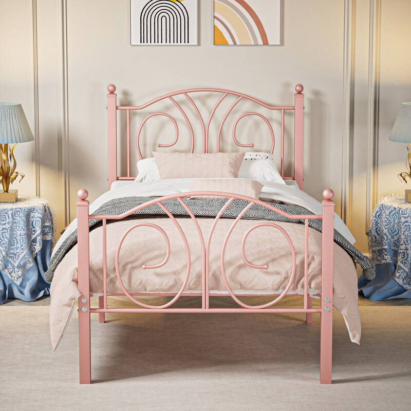 VECELO Platform Bed Frame with Scroll Headboard Twin/Full/Queen Size Beds - Pink - Twin