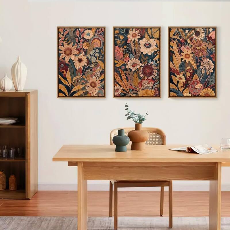 Boho Floral Blossom Framed Canvas Wall Art Set