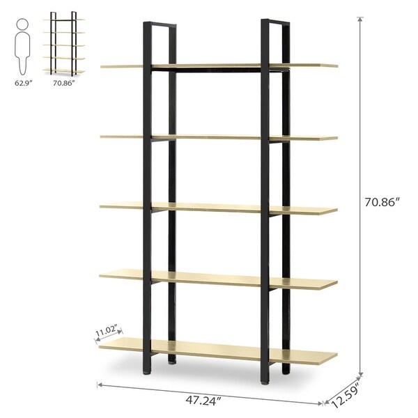Brown Vintage Industrial 5-Tier Etagere Bookcase, White/ Gold