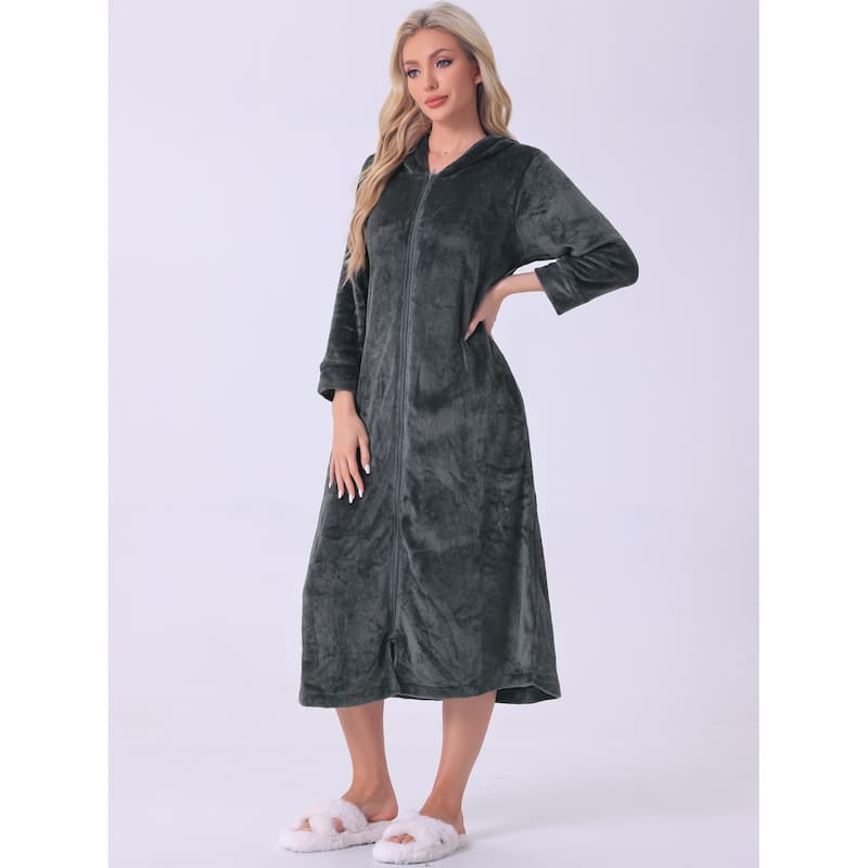 Womens Flannel Robe Fluffy Plush Long Zip Front Bathrobe with Pockets Warm Soft Zippered Bathrobes - Gray - L