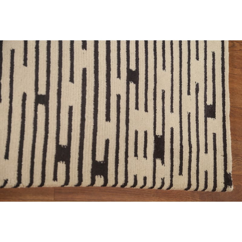 Striped Beige Nepalese Indian Area Rug Hand-Knotted Wool Carpet - 9'0" x 11'8"