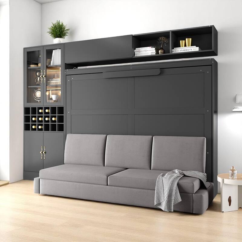 Fold Down Full/Queen Wall Bed with Sofa, USB Charging, Shelves & Built-in Lighting, Space-Saving