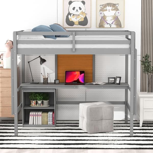 slide 2 of 43, Twin/Full Size Loft Bed with Desk, Writing Board and Storage Cabinet, Multi-Functional Wooden Loftbeds Bedframe for Kids/Bedroom Gray - Twin