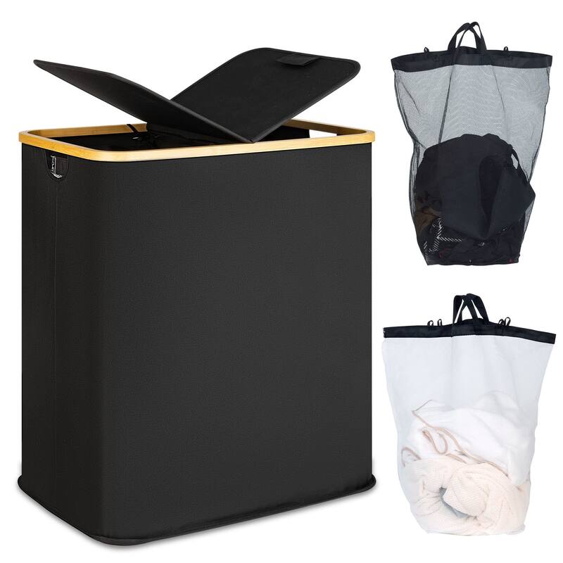 Laundry Hamper with Lid,Double Laundry Hamper with 2 Removable Bag,2 Section Laundry Hamper with Bamboo Handles 140L 36.9 Gallon - Black