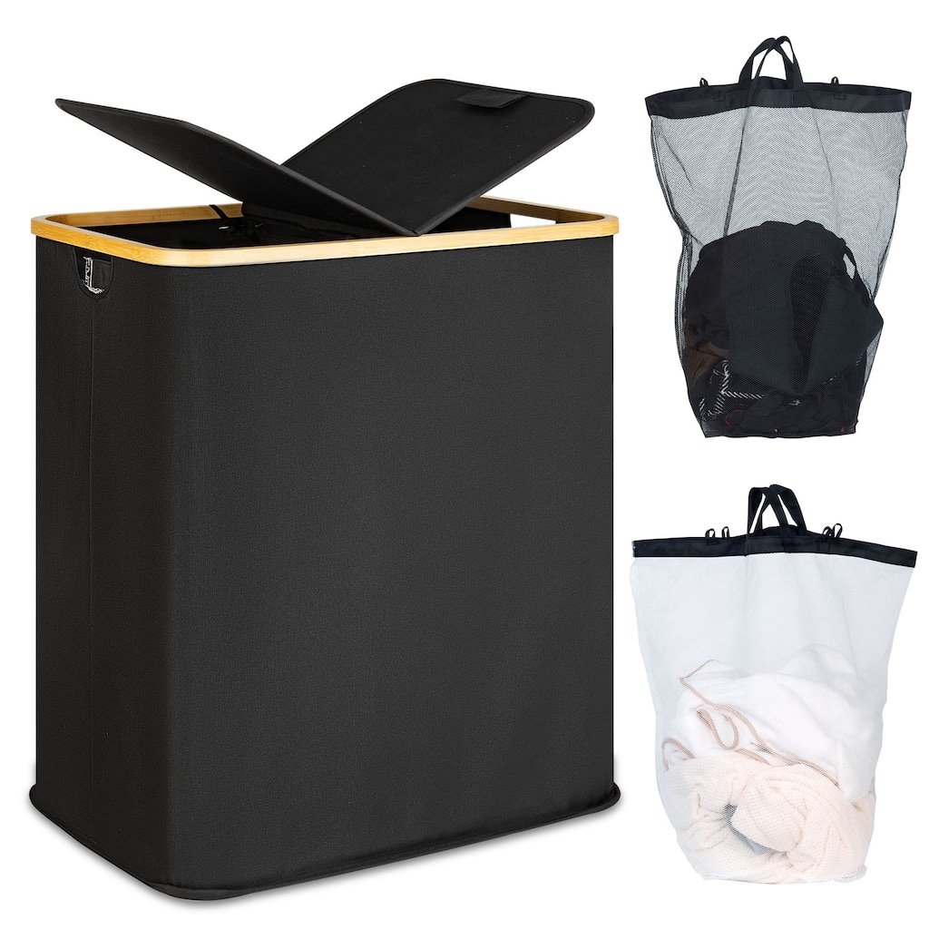 Laundry Hamper with Lid,Double Laundry Hamper with 2 Removable Bag,2 Section Laundry Hamper with Bamboo Handles 140L 36.9 Gallon