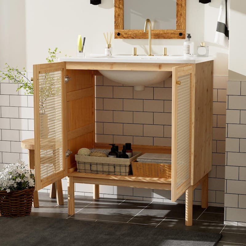 30" Bathroom Vanity with Handmade Rattan Doors - Natural Materials & Soft-Close Mechanisms