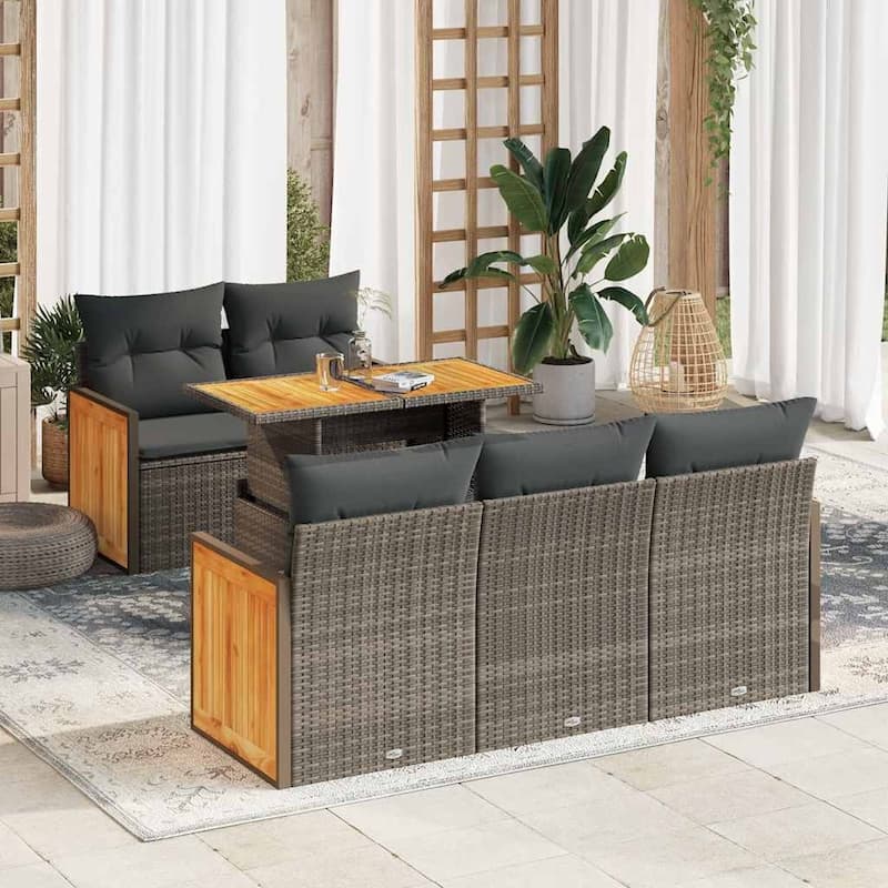 vidaXL Patio Sofa Set with Cushions Lounge Set 6 Piece Poly Rattan Acacia - 68.1 x 24.4 x 33.5 in