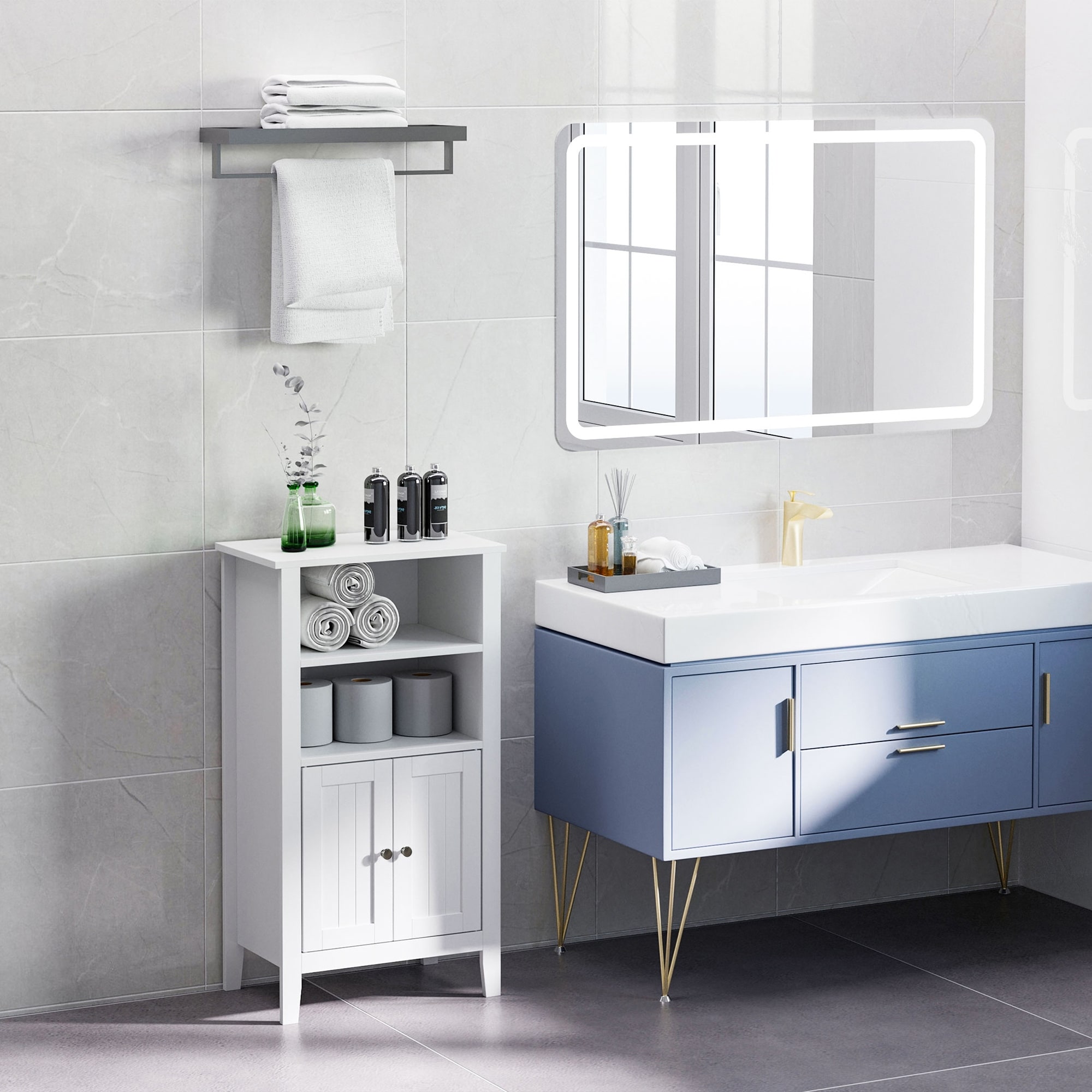 kleankin Grey Modern Bathroom Cabinet, Bathroom Storage Organizer with Double Glass Doors and Adjustable Shelf, Gray