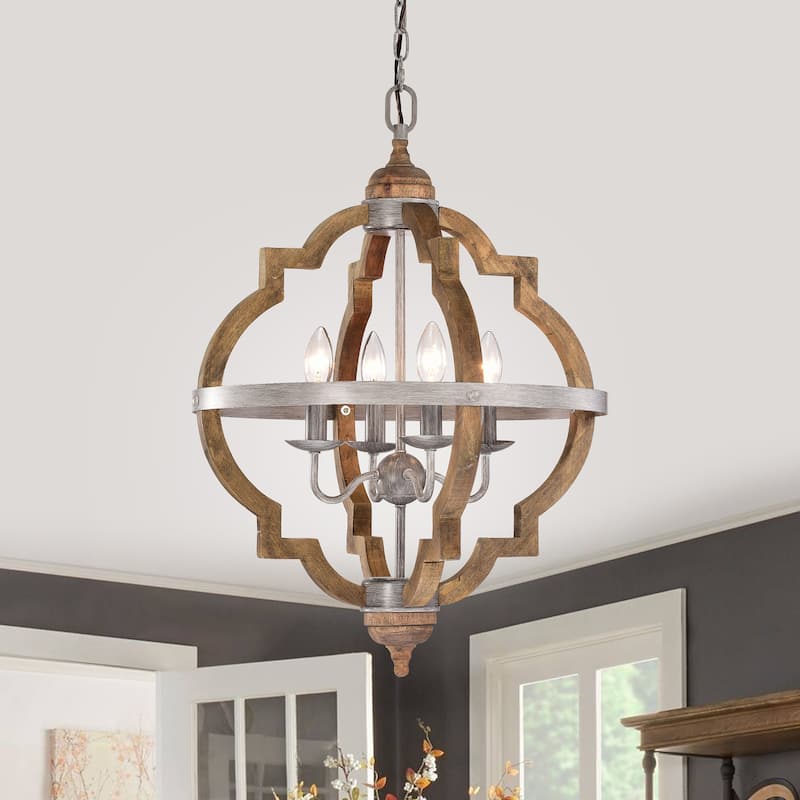 4-Light Wood Cage with Antique Sliver Belt Chandelier Ceiling Fixture - Wood and Antique Sliver