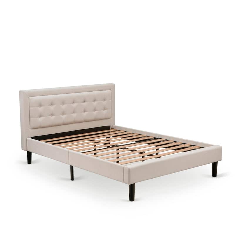 Queen Size Bed Platform Wood Frame - Linen Upholstered Headboard - Modern Bedroom Furniture