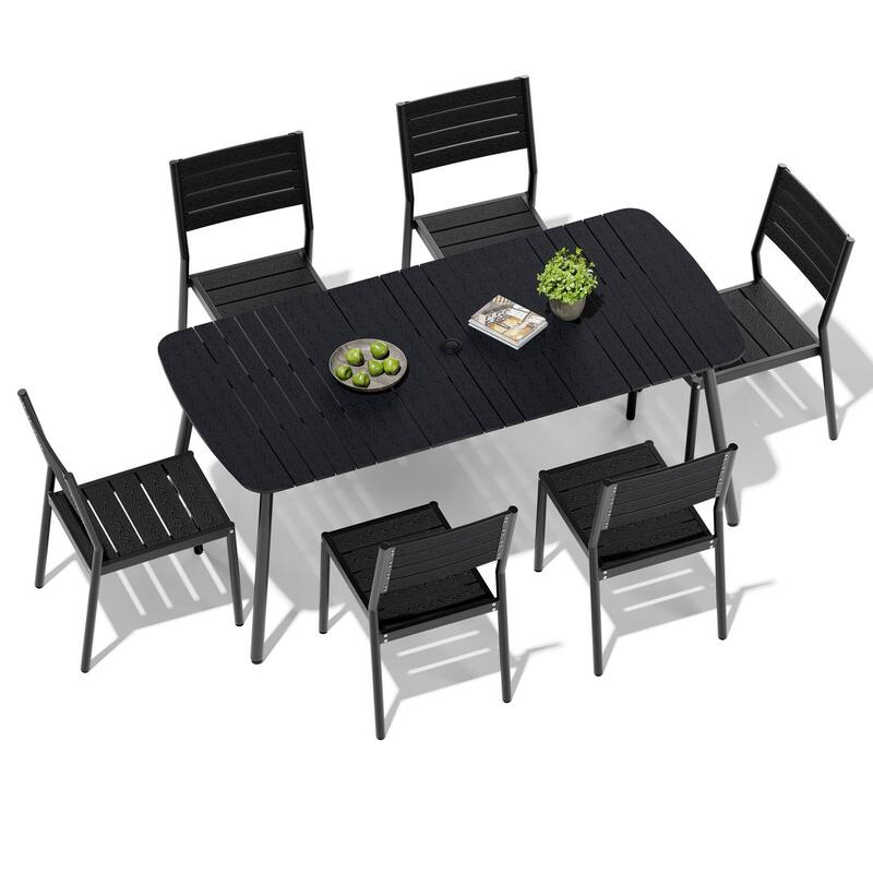 7-Piece Patio Outdoor Dining Set Aluminum Rectangle Table with Umbrella Hole and Stacking Chairs - Black