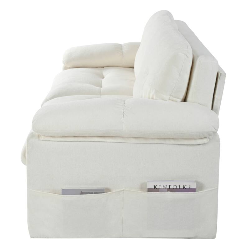 Multi-Functional Chenille Loveseat Sofa Convertible Pull Out Queen Size Sofa Bed with Thickened Cushions and Side Pockets