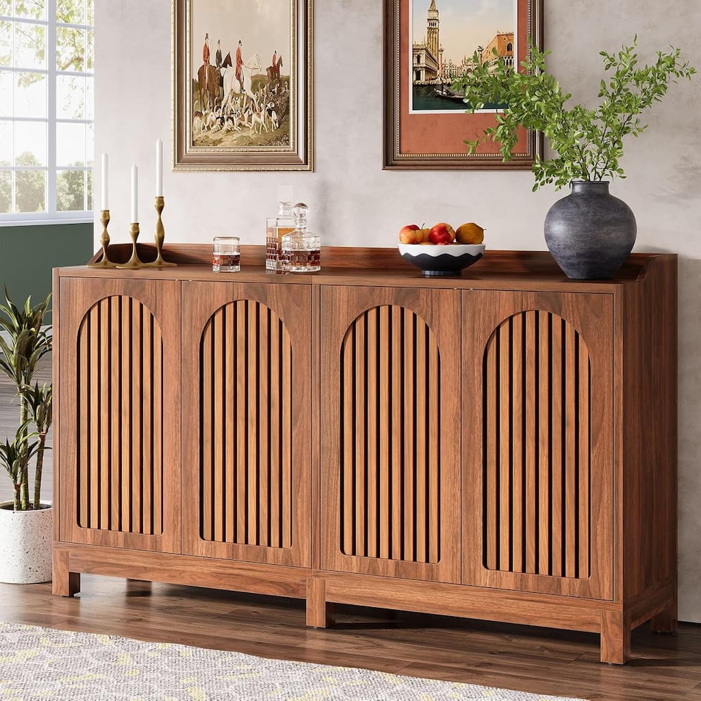 57" Farmhouse Sideboard Buffet - Brown Shutter Door Storage Cabinet