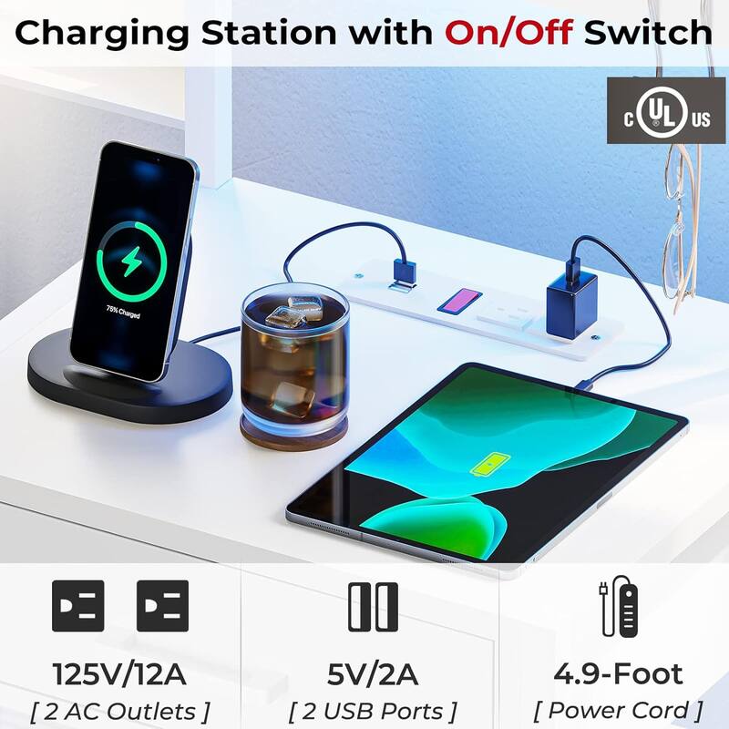 Nightstand Charging Station LED Lights End Table 3 Drawers
