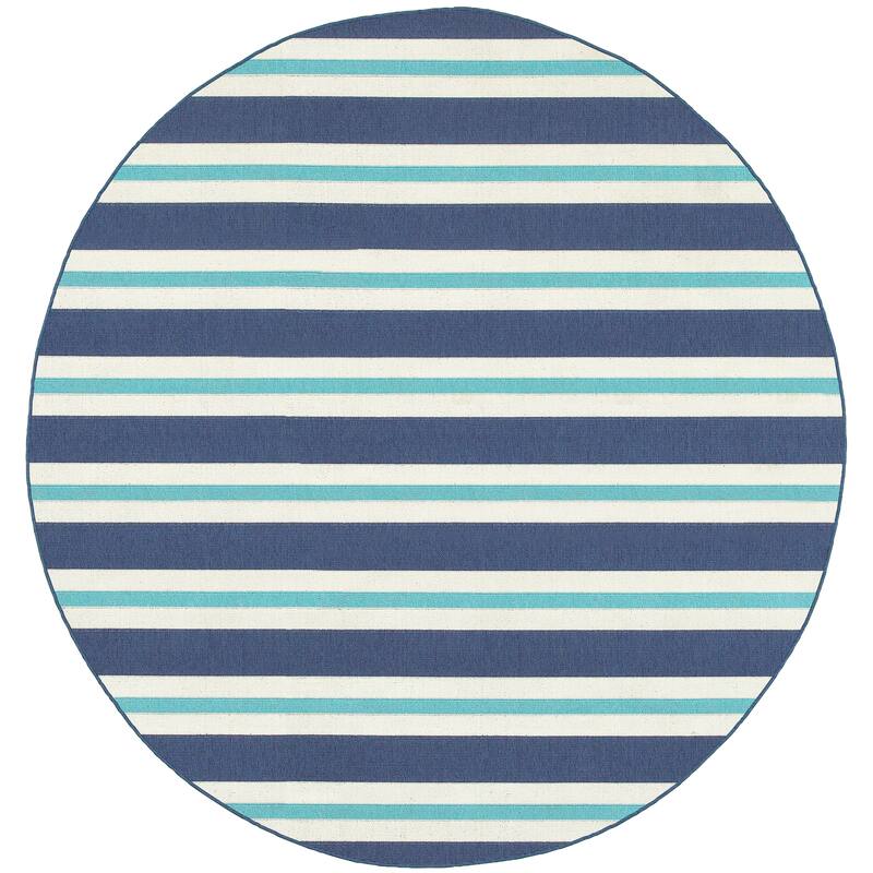 Vista Home Mackinac Horizontal Multi-Striped Area Rug. - 7'10" Round - Blue/Off-White
