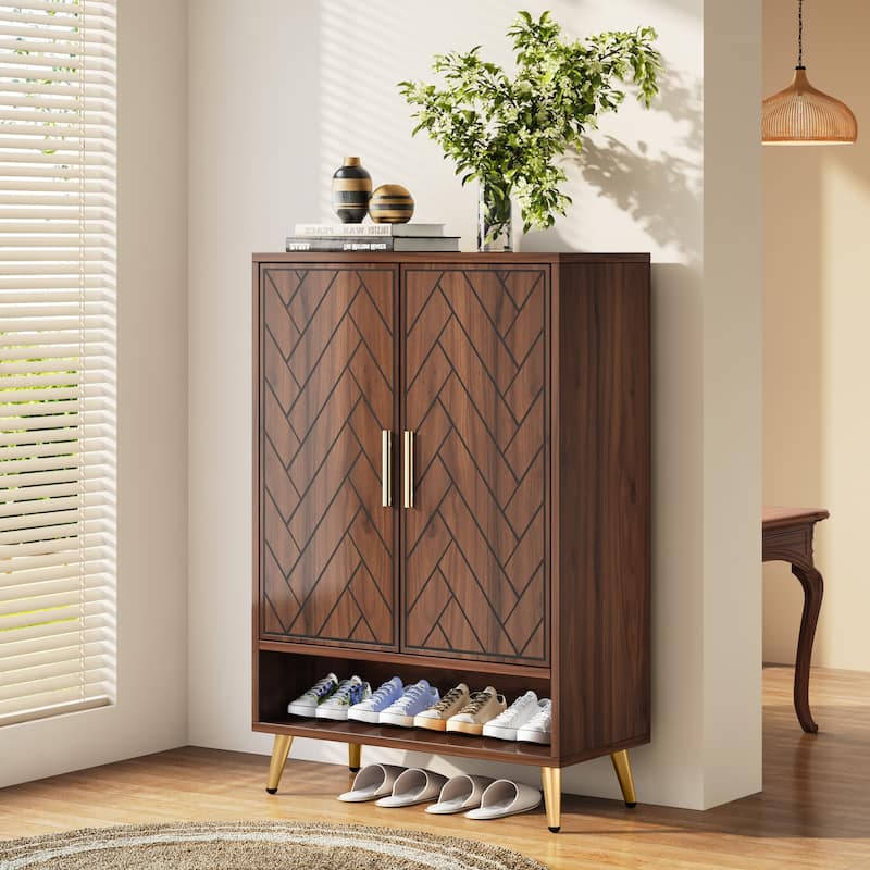 Wood and Metal 2-door Shoe Storage Cabinet with Adjustable Shelves for Entryway - Walnut + Gold
