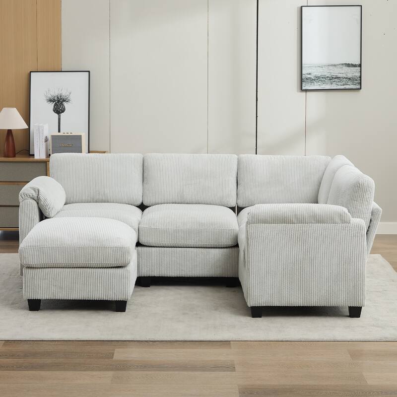 5-Seater Corduroy Sectional Sofa, Removable Ottoman, Modular Design