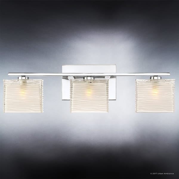 dimension image slide 1 of 2, Luxury Modern Glass/ Chrome Finish Steel 3-light Bathroom Light - 6.75" H, 22.5" W, 5" Dep