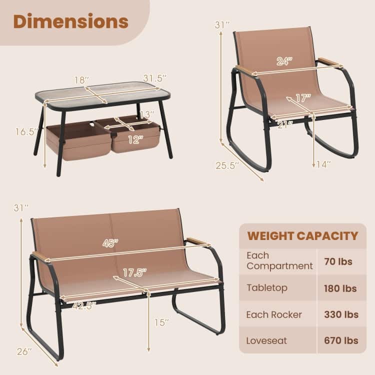 4 Piece Brown-Black Fabric Metal Outdoor Bistro Set with Loveseat and Rockers - Coffee Table: 31.5" x 18" x 16.5"