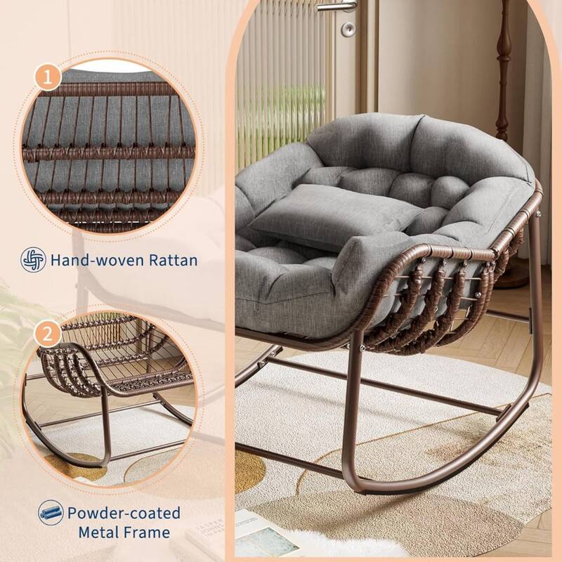 Outdoor Rocking Chair, Wicker Lounge Chair with Cushion for Balcony Backyard Porch Bedroom - 1PC
