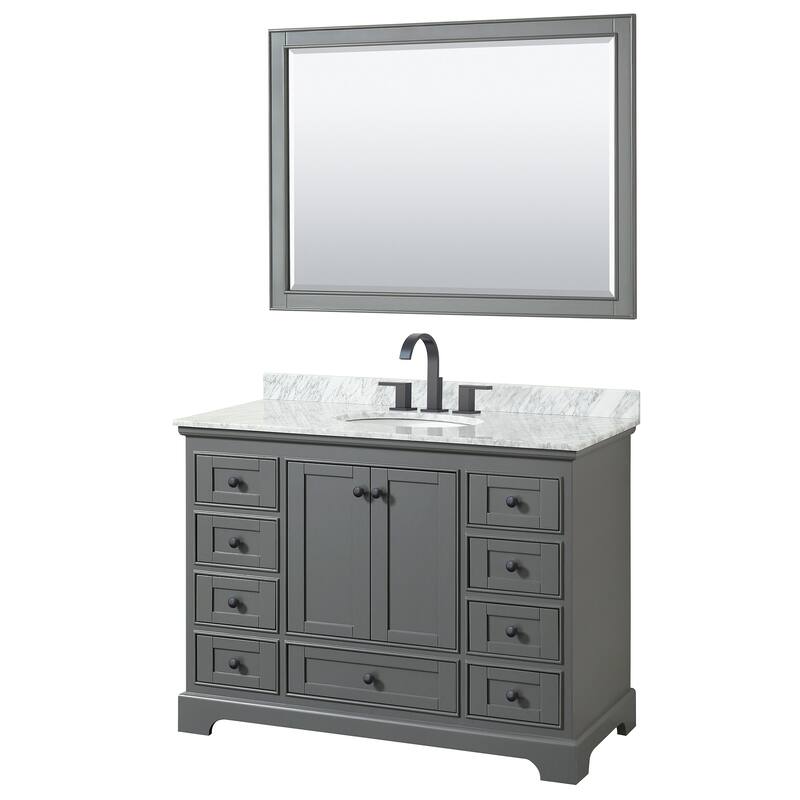 Wyndham Collection Deborah 48" Free Standing Single Vanity Set with - Dark Gray / White Carrara Marble Top / Matte Black - Steel Finish