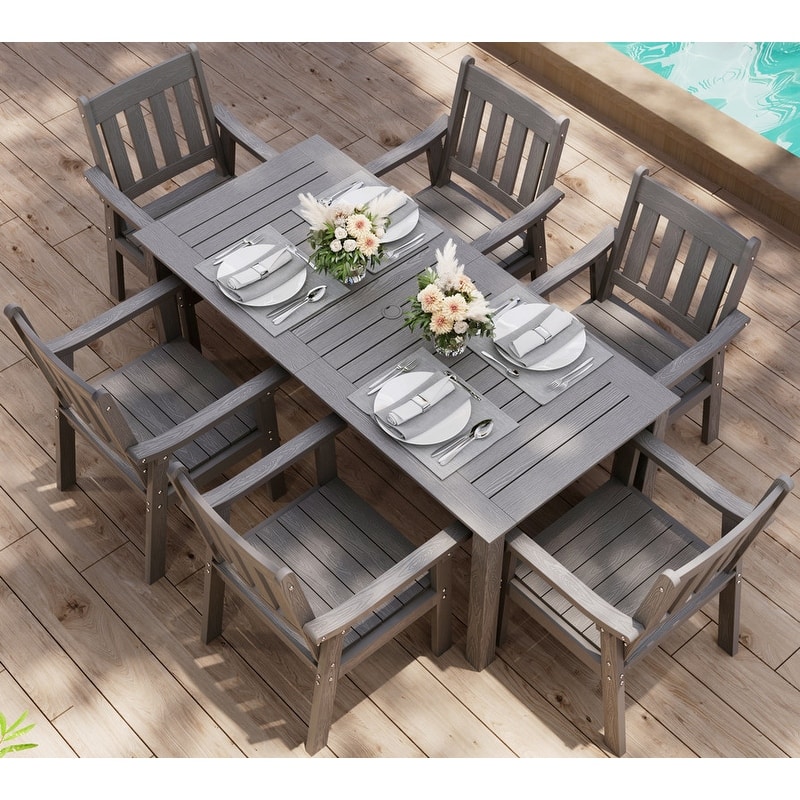 WINSOON 7-Piece HIPS All Weather Outdoor Patio Dining Sets with Umbrella Hole& Aluminum Frame,1-Table 6-Chairs - Grey