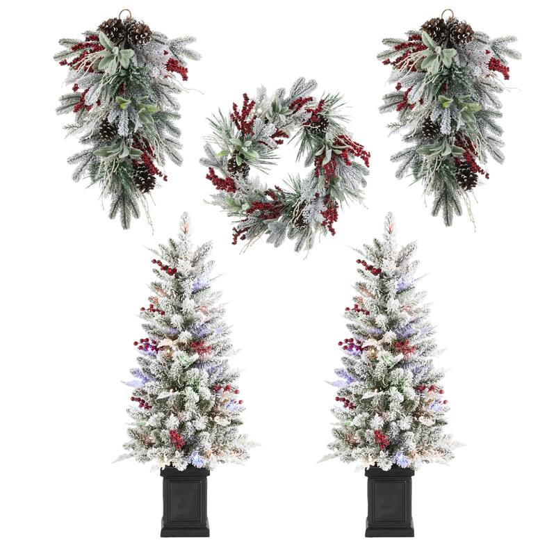 Glitzhome Artificial Christmas 5-Piece Set, 4ft Snow Flocked Artificial Potted Trees, Pinecone Berry Wreath and Teardrops - 5PK-B-Trees&Teardrops&Wreath