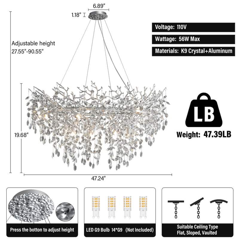 Modern Round Branch Crystal Chandelier, 600-1200mm Diameter, Marquise Cut Crystal Pendant Light